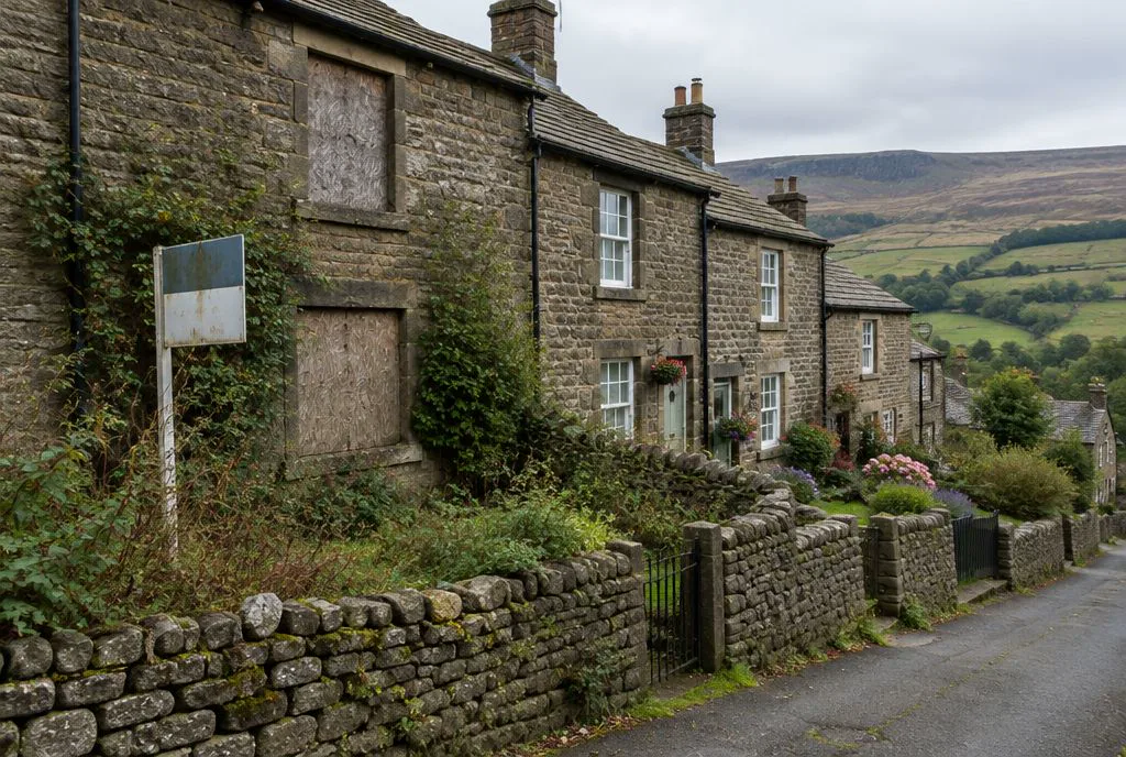 Illustration of a row of stone cottages on a village lane