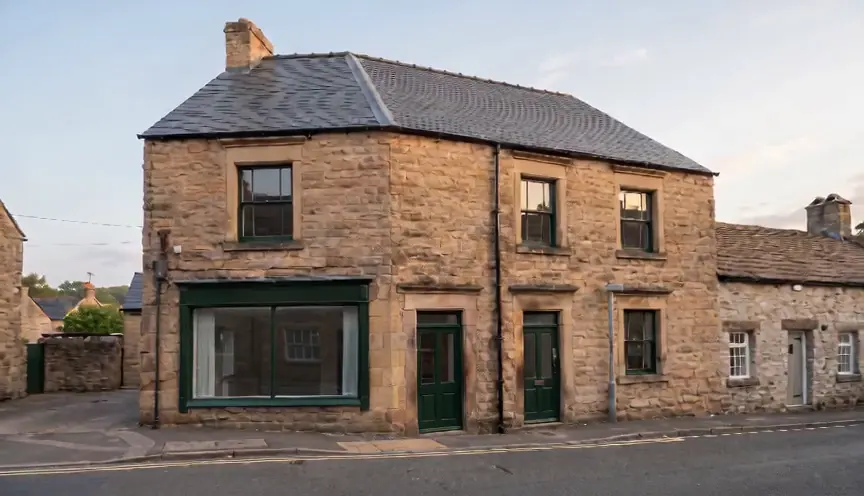 Visualisation of Blake House, Bakewell, restored: cleaned gritstone, a slate roof and a dark green shopfront and doors, the camera crossing the street and going in through the front door