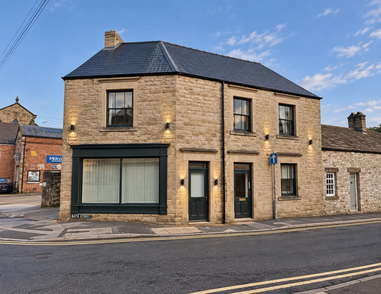 Visualisation of Blake House on the corner of Bath Street, restored: cleaned gritstone, a dark green shop window and doors, wall lights