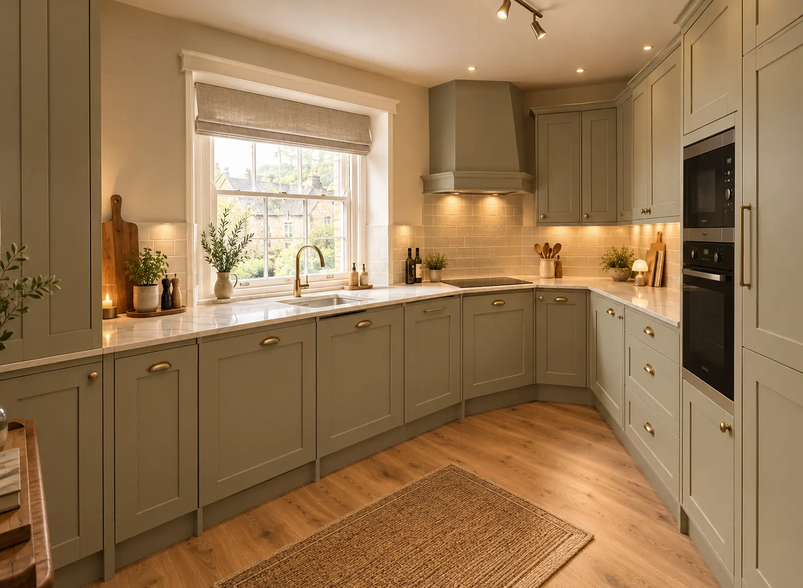 Visualisation of the First Floor kitchen: sage shaker units, brass handles and a sash window