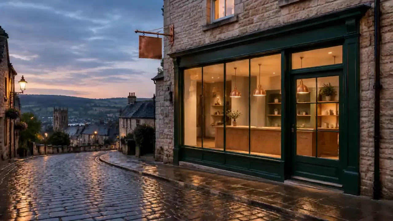 Illustration of a stone shopfront with a dark green frame, lit at dusk on a wet cobbled street