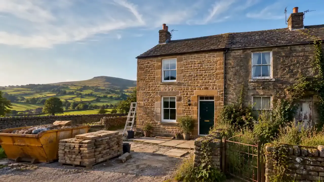 Illustration of a stone cottage mid-restoration, with a skip and stacked stone in the yard