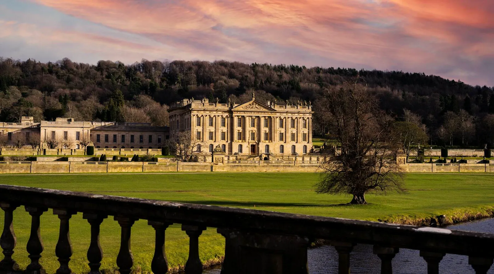 Chatsworth House across the park, twelve minutes from Bakewell by car