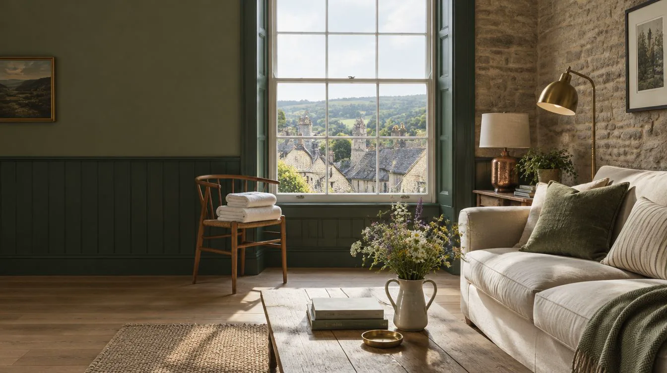 Visualisation of a sitting room: a stone wall, a linen sofa and a sash window over the town's roofs