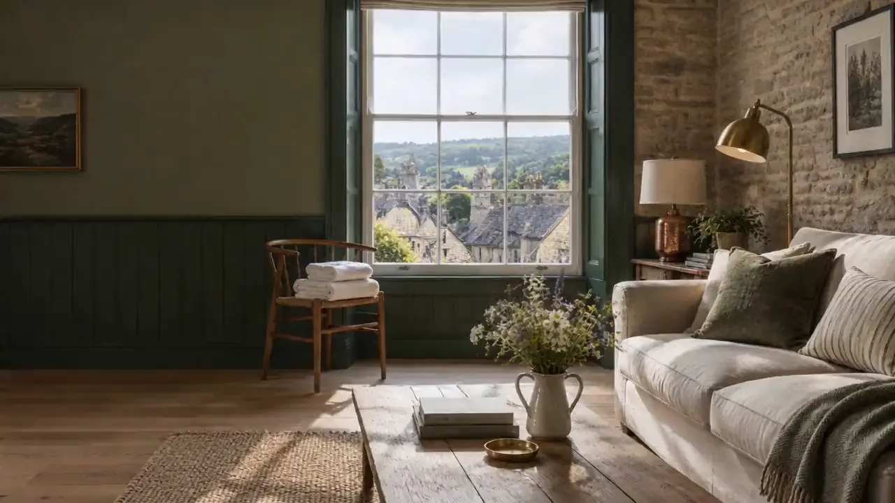 Visualisation of a sitting room: a stone wall, a linen sofa and a tall sash window over the town's roofs